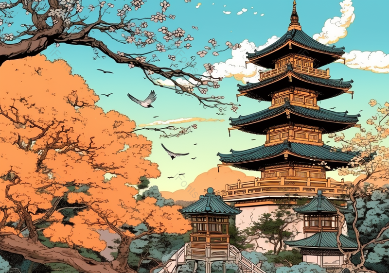 国潮古建筑祥云背景插画沈阳故宫,插画/手绘图,插画/手绘图库,插画/手绘图下载,插画/手绘